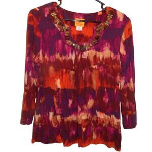 RUBY RD PETITE women's petite medium abstract beaded neckline 3/4 sleeve blouse